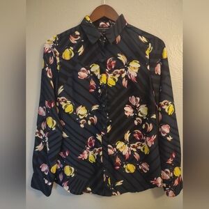 Banana Republic Blue Lattice Floral Classic Fit Button-up Blouse
